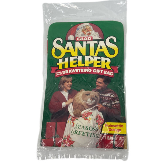 VINTAGE Glad Santa's Helper XL Drawstring Gift Bag Poinsettia Holiday 32" x 40" - Picture 1 of 6